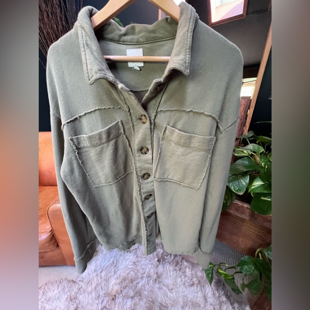 Kensie Olive Green Button-Front Pocket Shirt Jacket